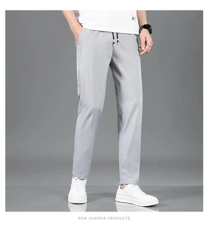 Ice Silk Men's Pants 2025 Summer New Black Gray Thin Business Casual Pants Outdoor Elastic Breathable Straight Leg Sweatpants - MANDOTOS