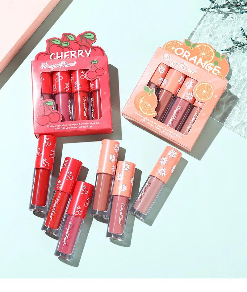 Mini Velvet Matte Lip Gloss Set 4 Piece Long Lasting Non Fading Non Stick Cup Fruit Scented Lip Tint Smooth Lightweight - MANDOTOS