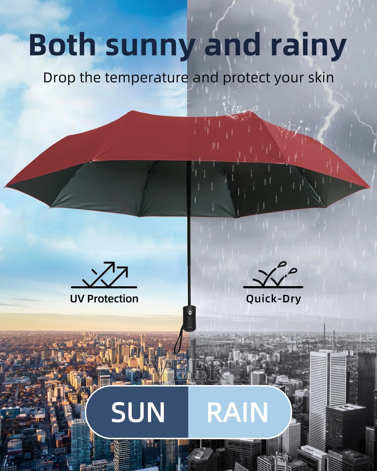 Black Glue Fully Automatic Umbrella - Thick Durable Three-Fold UV Resistant Folding Design for Protection And Style