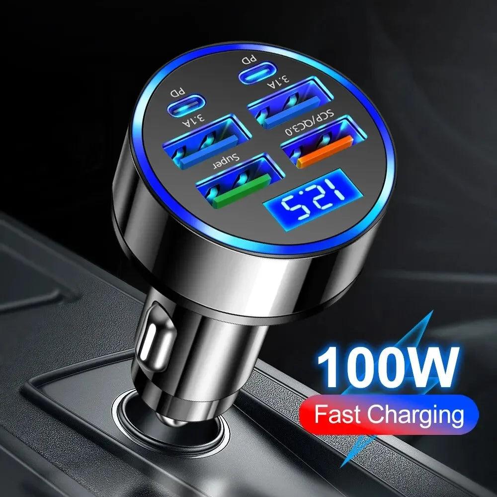 66-250W PD Car Charger QC3.0 Fast Charge with Digital Display 4USB and 2PD Ports for Car Cigarette Lighter Plug - MANDOTOS