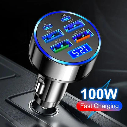 66-250W PD Car Charger QC3.0 Fast Charge with Digital Display 4USB and 2PD Ports for Car Cigarette Lighter Plug - MANDOTOS