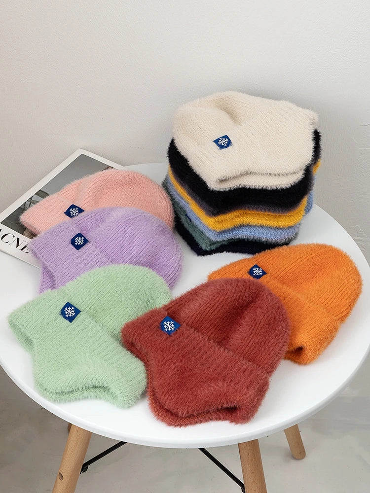 Hot Sale Women Earflap Winter Hat Candy Colors Fashion Faux Fur Knitted Hat Kpop Style Soft Beanie Hats Female Streetwear Cap