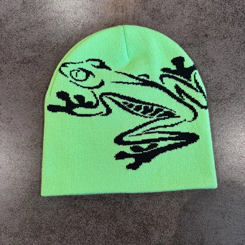 Tree Frog Print Beanie Men Women, Stretchy Knit Skull Cap for Outdoor Sports, Casual Streetwear, Unisex Cuffed Winter Hat