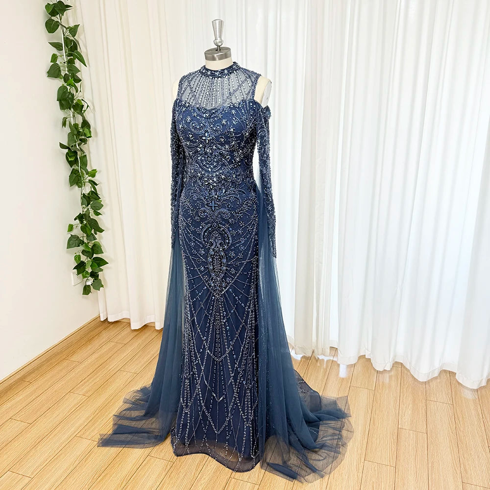 Eshaut&bridal Luxury Beaded Evening Dress Cape Sleeve Dubai Sheer Neck Mermaid Formal Prom Wedding Party Gown Customized 2026