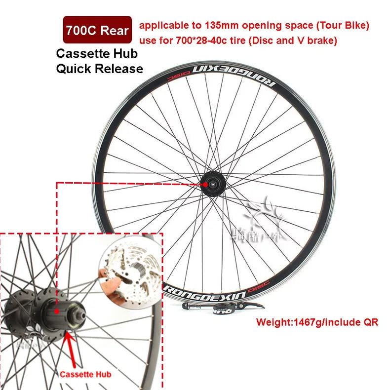 Cruiser Tour Bike Wheelset, Double Deck Rim, Front Wheel Disc, V Brake, Rear Back Wheels, Cassette and Screwed Hub, 36H, 700C