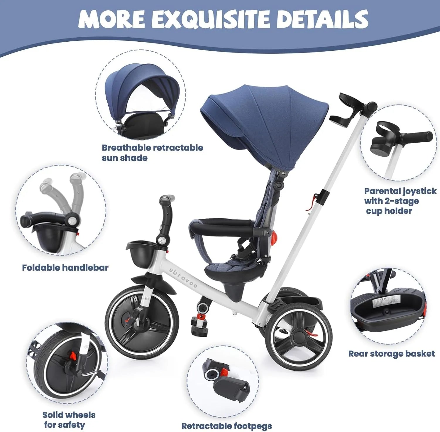 Ubravoo Baby Stroller Tricycle Ride Bike , 5-in-1, Adjustable Canopy, Sitting & Lying,Celerity Disassembly & Assembly,1-5 Years - MANDOTOS