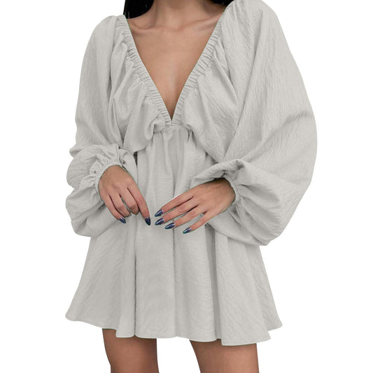 Deep V Neck Sexy Dress Temperament Retro Solid Color Pleated Dress Elegant Long Sleeve Large Size Casual Womens Dresses ropa - MANDOTOS