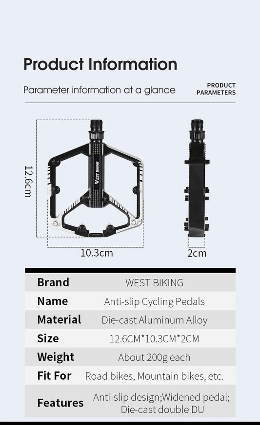 WEST BIKING Bicycle Pedals Sealed DU Bearing Nonslip Pedal Mountain Road Bike Cycling Alloy MTB Pedal Bicycle Accessories