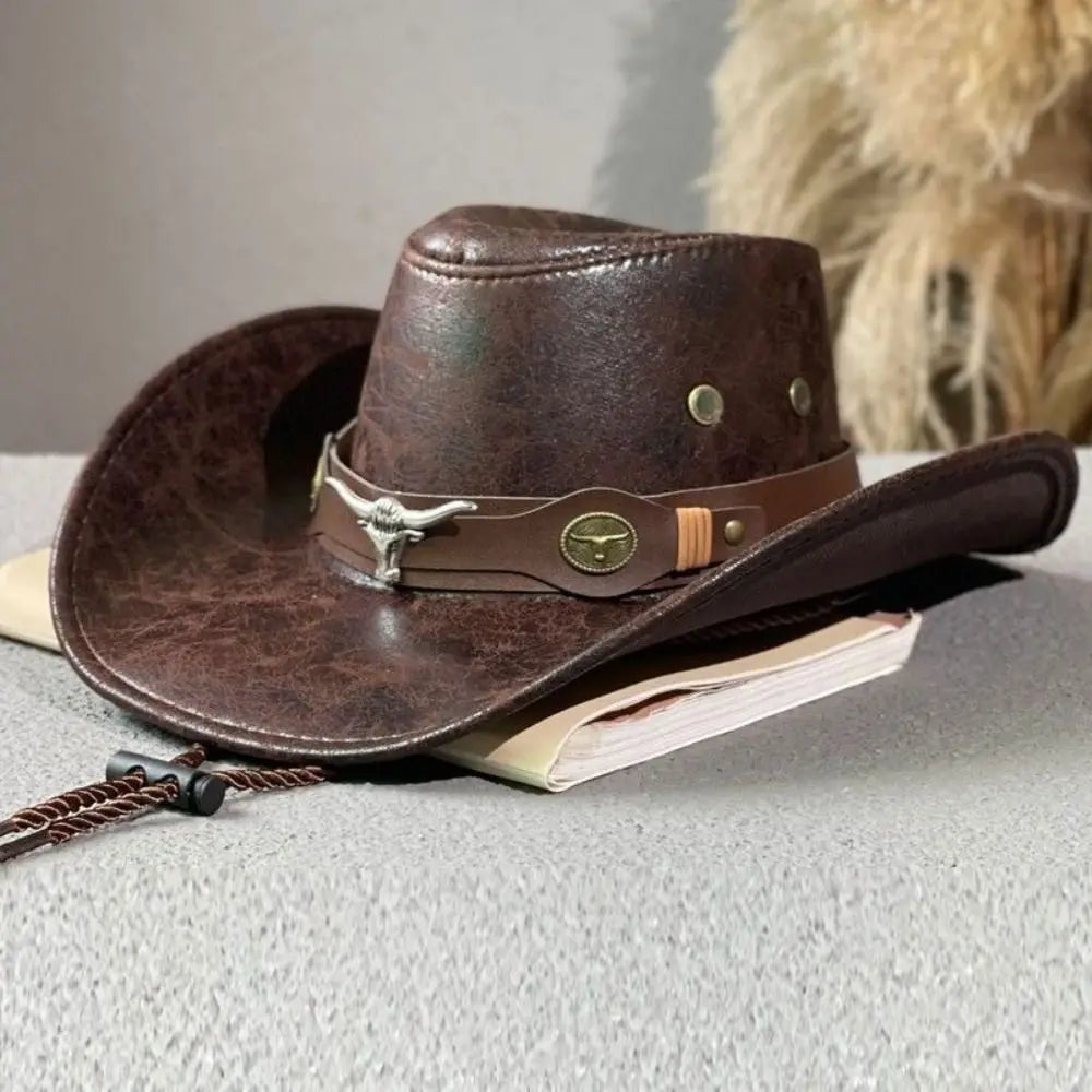 Fashion Bull Head Buckle Western Cowboy Hat Vintage Retro Faux Leather Cowboy Hat Jazz Hat For Men Women Unisex