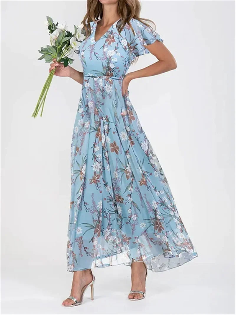 Women Elegant Ruffle Short Sleeve V Neck Pullover Dresses Sweet Style Small Flower Print High Waist Dress Female New Casual Gown