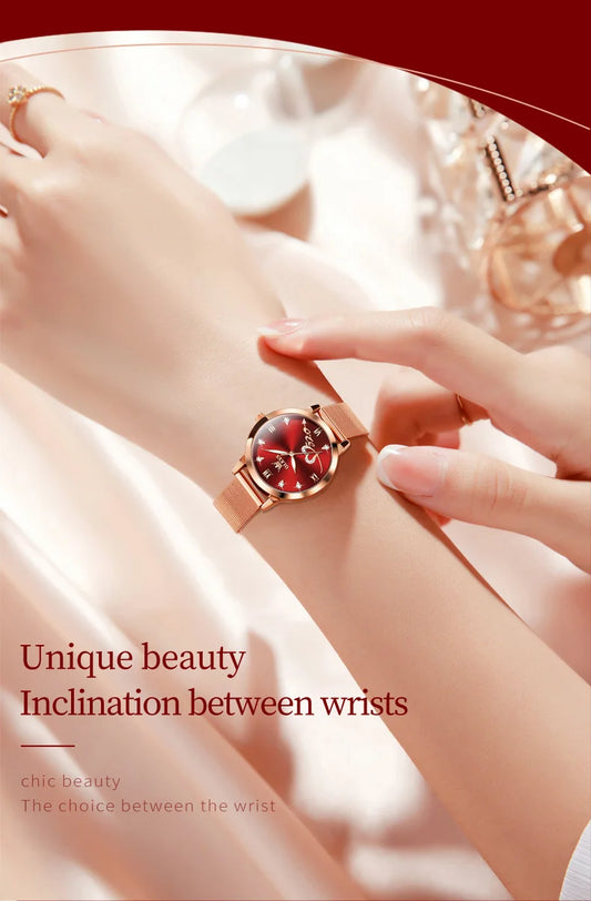 OLEVS Luxury Fashion Ladies' Watches Rose Gold Top Brand Original Quartz Watch for Women Stainless Steel Mesh Strap Love Dial