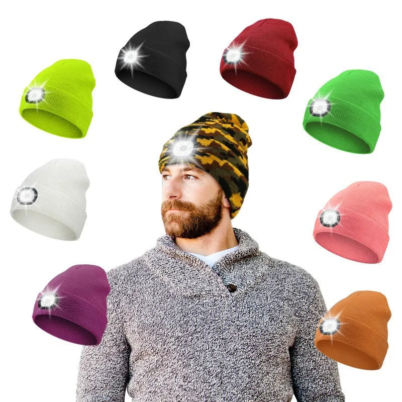 Winter Men Beanie Hat with LED Light Rechargeable Knitted Hat for Woman Cap Night Running Fishing Riding Sports Teenager Beanies