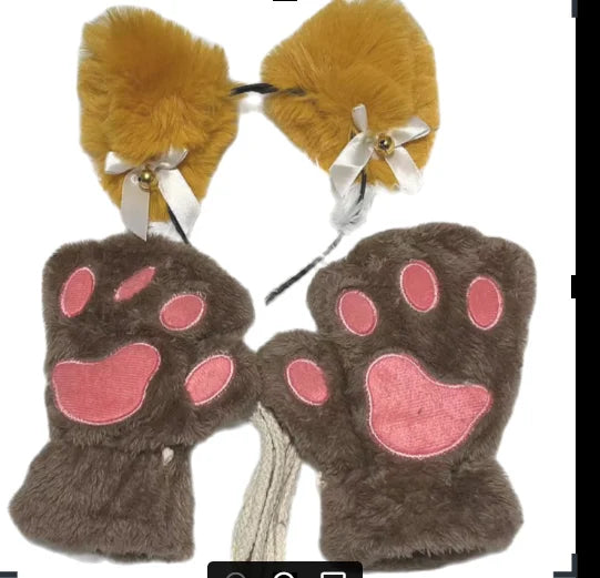 5Pcs Sets Cat Paw Gloves Winter Cute Cartoon Girl Open Finger Gloves Bell Headband Fox Cat Ear Headwear - MANDOTOS