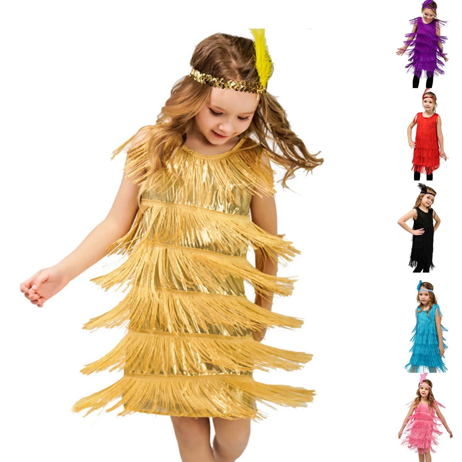 Girl Party Dress Girls Flapper Dress Carnival Sequins Fringe Latin Dance Dress Tassel Tango Dress Ballroom Costume With Feather - MANDOTOS