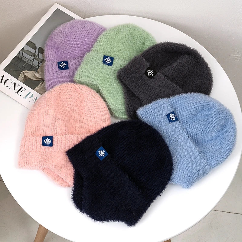 Hot Sale Women Earflap Winter Hat Candy Colors Fashion Faux Fur Knitted Hat Kpop Style Soft Beanie Hats Female Streetwear Cap