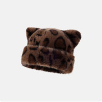 Leopard print plush teddy bear hat for women, sweet and cute, thick and warm, retro and versatile, hooded beanie.