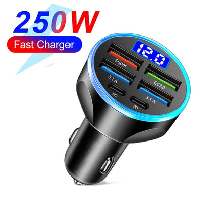 66-250W PD Car Charger QC3.0 Fast Charge with Digital Display 4USB and 2PD Ports for Car Cigarette Lighter Plug - MANDOTOS