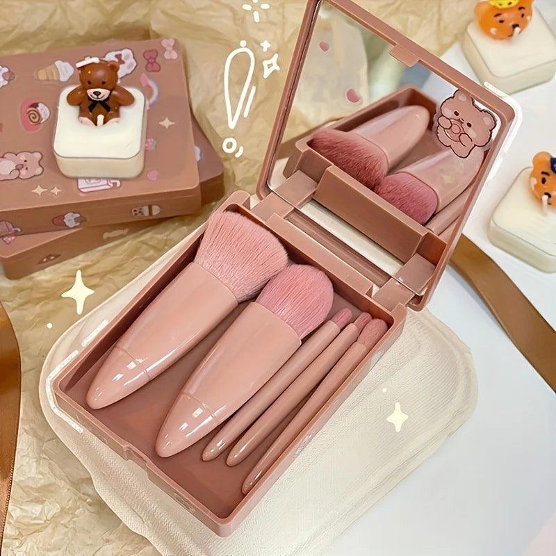 5Pcs Portable Makeup Brush Set With Mirror - Foldable Travel Kit ，Mini Makeup Brush Set Travel Makeup Brush Set - MANDOTOS