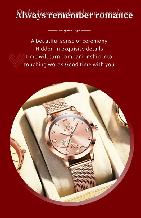 OLEVS Luxury Fashion Ladies' Watches Rose Gold Top Brand Original Quartz Watch for Women Stainless Steel Mesh Strap Love Dial