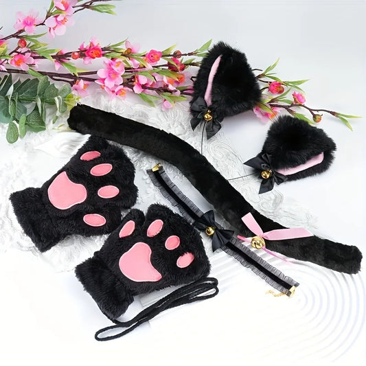 5Pcs Sets Cat Paw Gloves Winter Cute Cartoon Girl Open Finger Gloves Bell Headband Fox Cat Ear Headwear - MANDOTOS