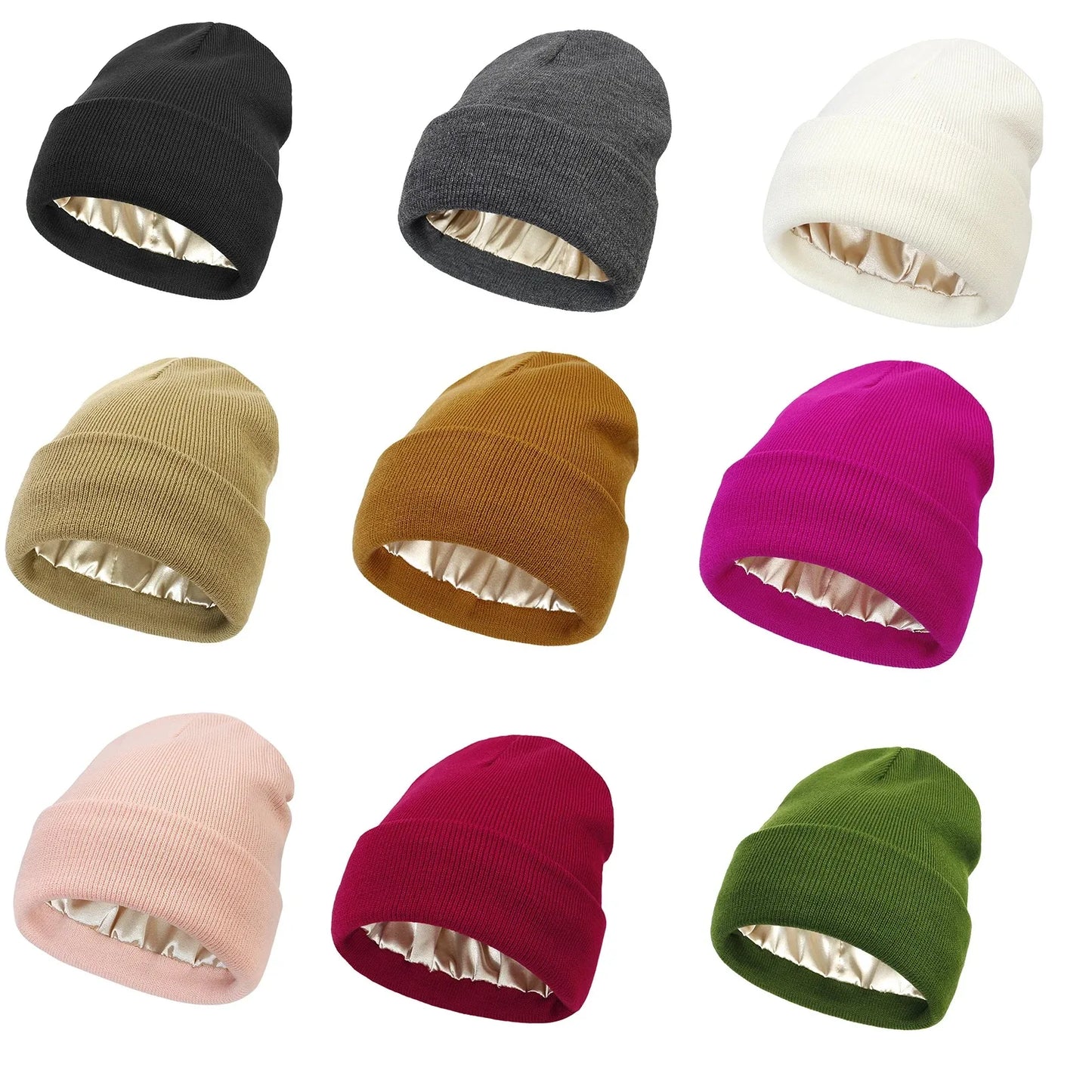 Unisex Satin Lined Beanie Hat For Women Winter Silk Lining Slouchy Warm Cuffed Skullies 2Layer Hair Cover Sleep Cap