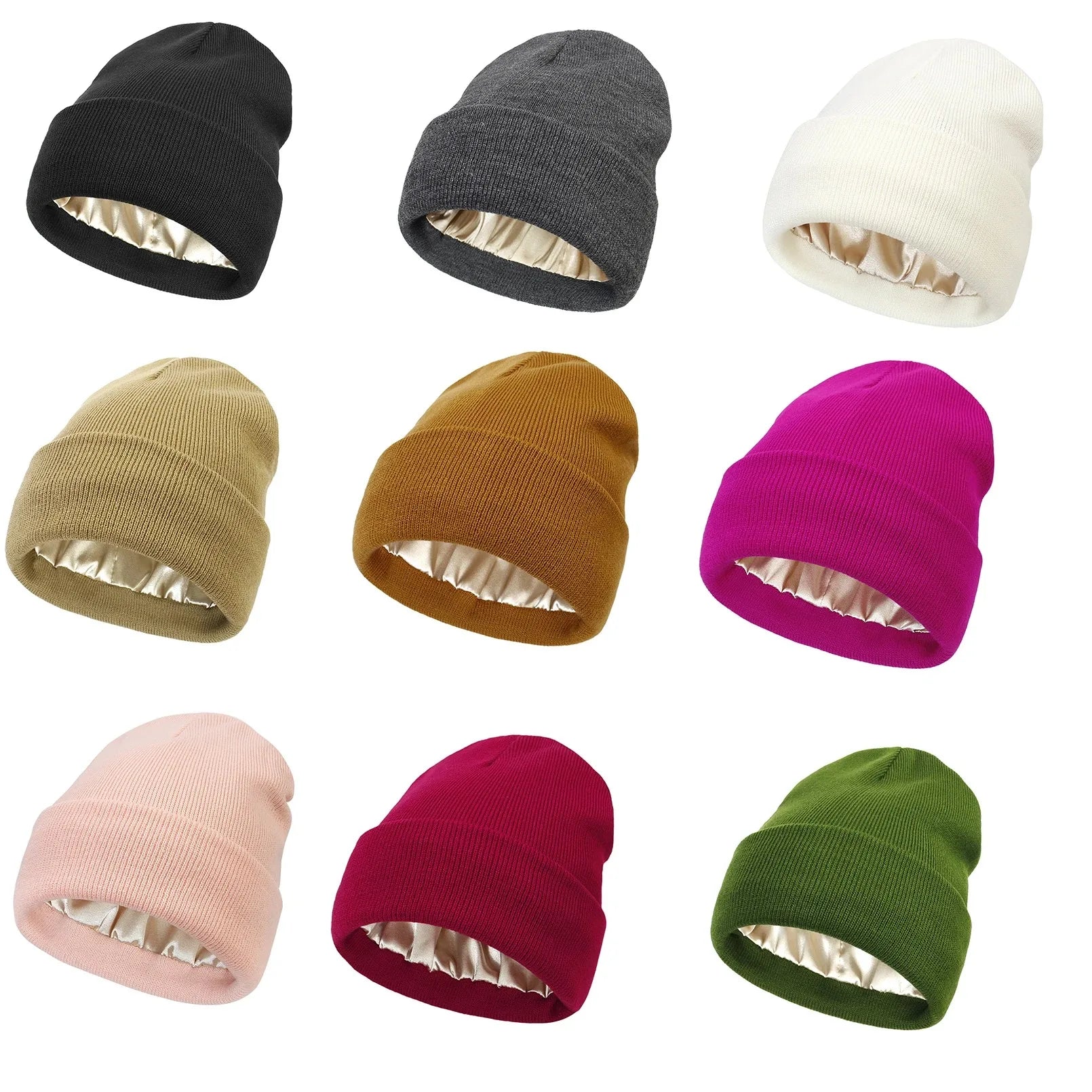 Unisex Satin Lined Beanie Hat For Women Winter Silk Lining Slouchy Warm Cuffed Skullies 2Layer Hair Cover Sleep Cap