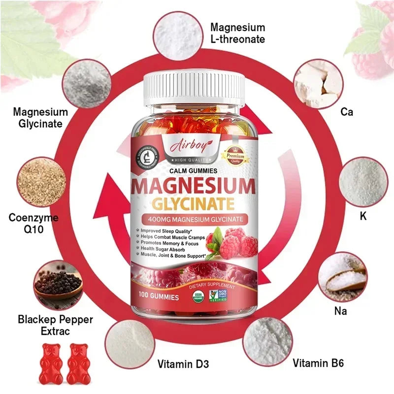 Magnesium Glycinate Gummies - Calm, Relieves Stress, Promotes Sleep, Support Memory, Concentration & Muscle Spasms - 120pcs