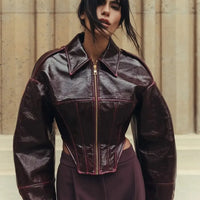 Coated Women Cinched-waist Leather Jacket RetroCasual Lapel Full Sleeve Zipper Bomber Coats Lady Daily High Street Outwear 2026