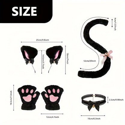 5Pcs Sets Cat Paw Gloves Winter Cute Cartoon Girl Open Finger Gloves Bell Headband Fox Cat Ear Headwear - MANDOTOS