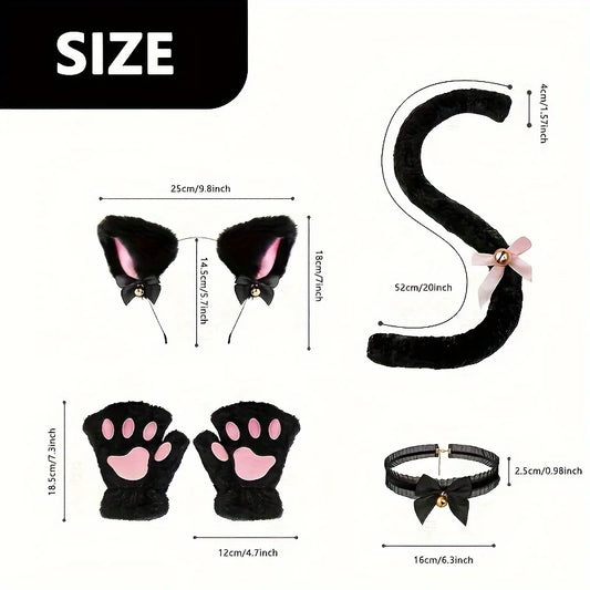 5Pcs Sets Cat Paw Gloves Winter Cute Cartoon Girl Open Finger Gloves Bell Headband Fox Cat Ear Headwear - MANDOTOS