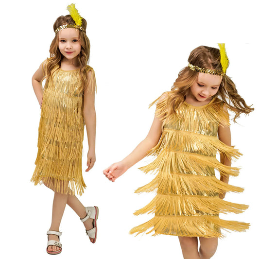 Girl Party Dress Girls Flapper Dress Carnival Sequins Fringe Latin Dance Dress Tassel Tango Dress Ballroom Costume With Feather - MANDOTOS