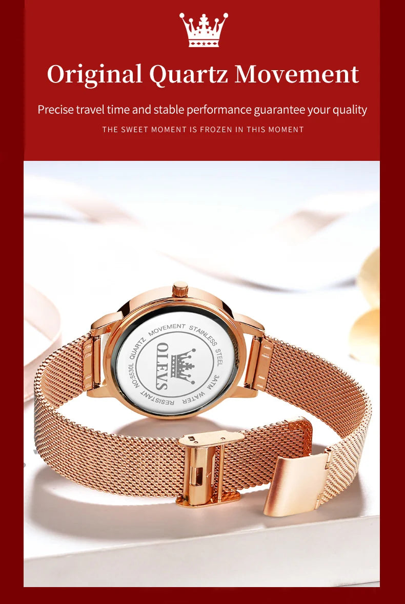 OLEVS Luxury Fashion Ladies' Watches Rose Gold Top Brand Original Quartz Watch for Women Stainless Steel Mesh Strap Love Dial