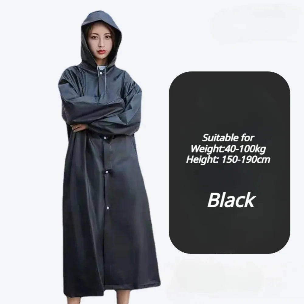 Black Fashion Adult Waterproof Long Raincoat Women's Men's Raincoat Hooded Outdoor Motorcycle, Cycling, Hiking, Fishing