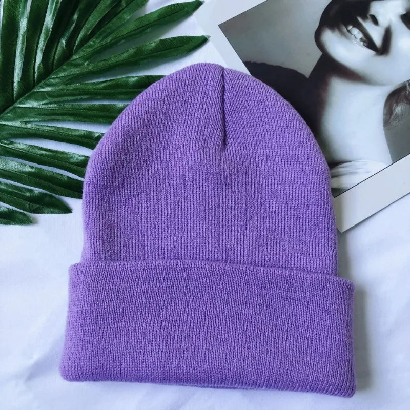 Women Men Fluorescent Color Warm Beanie Hat Autumn Winter Stretch Knitted Crochet Beanies Hat Cap Black Red White Navy Pink