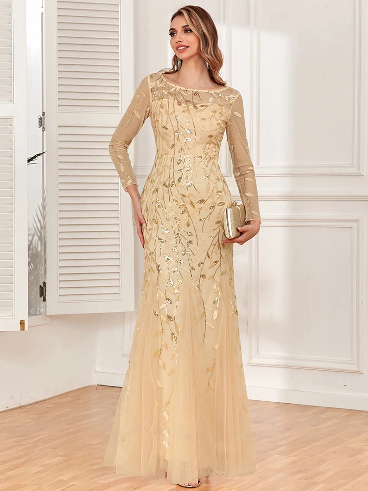 2024 Hot Sale Mermaid Evening Dresses O-Neck Full Sleeve Tulle Embroidery Long Party Gown Elegant Formal Dress