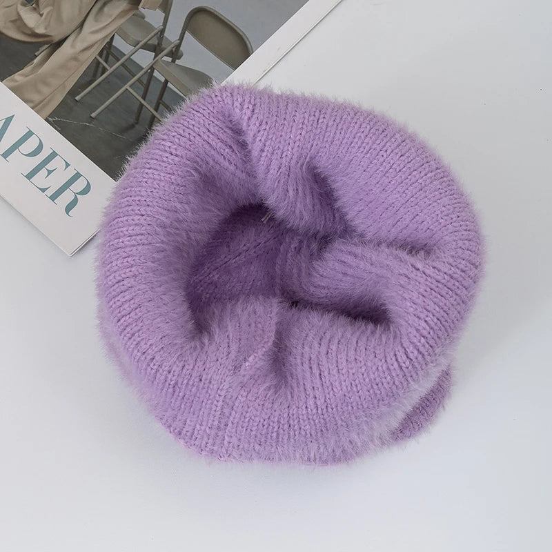 Hot Sale Women Earflap Winter Hat Candy Colors Fashion Faux Fur Knitted Hat Kpop Style Soft Beanie Hats Female Streetwear Cap