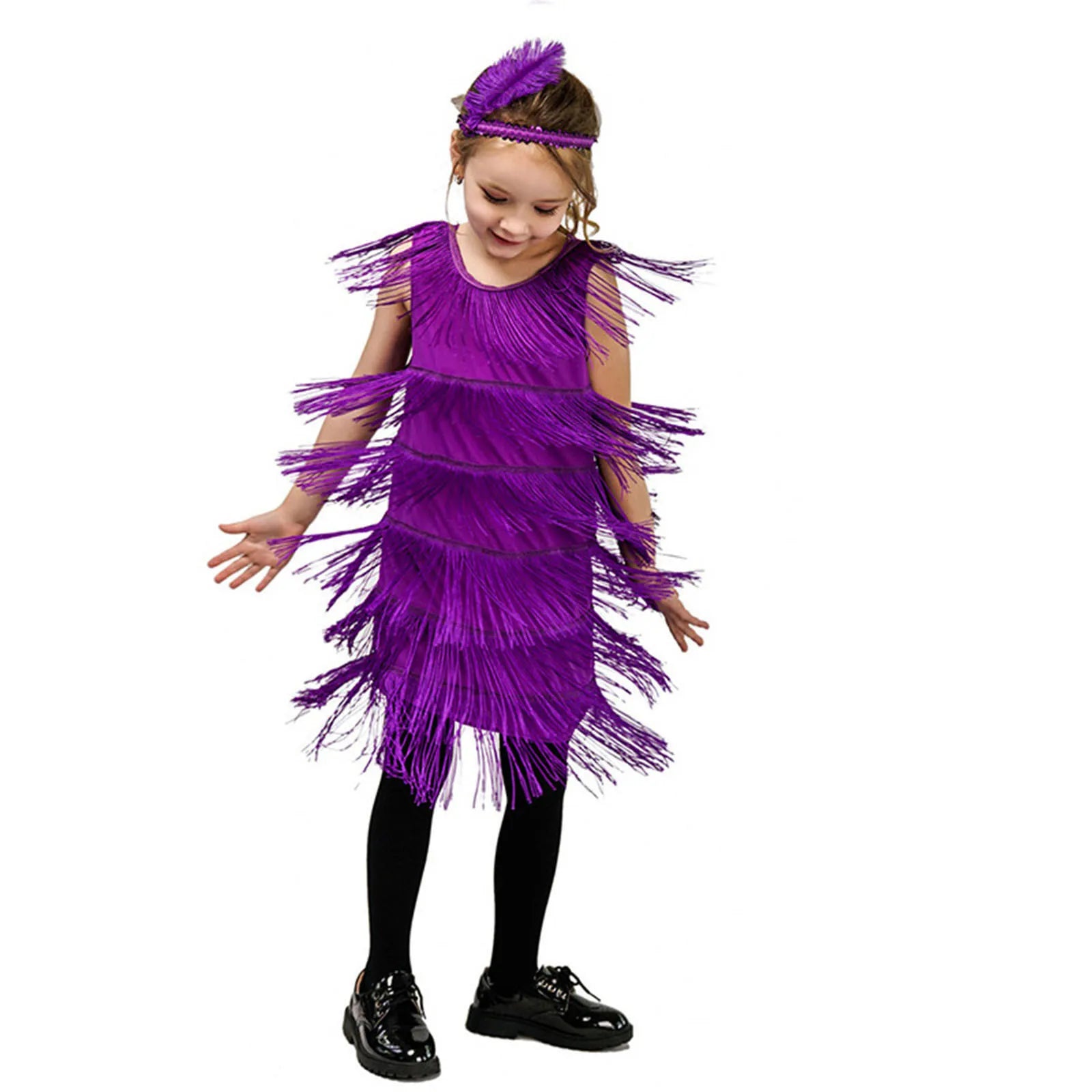Girl Party Dress Girls Flapper Dress Carnival Sequins Fringe Latin Dance Dress Tassel Tango Dress Ballroom Costume With Feather