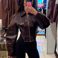 Coated Women Cinched-waist Leather Jacket RetroCasual Lapel Full Sleeve Zipper Bomber Coats Lady Daily High Street Outwear 2026