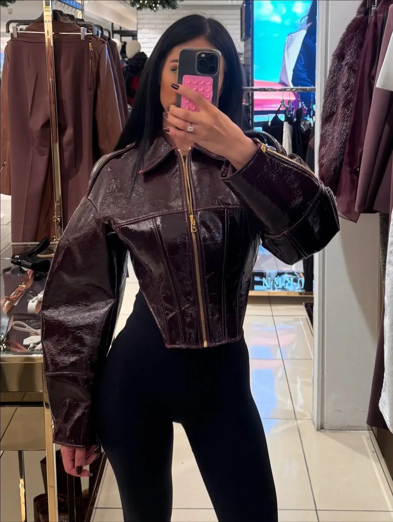 Coated Women Cinched-waist Leather Jacket RetroCasual Lapel Full Sleeve Zipper Bomber Coats Lady Daily High Street Outwear 2026