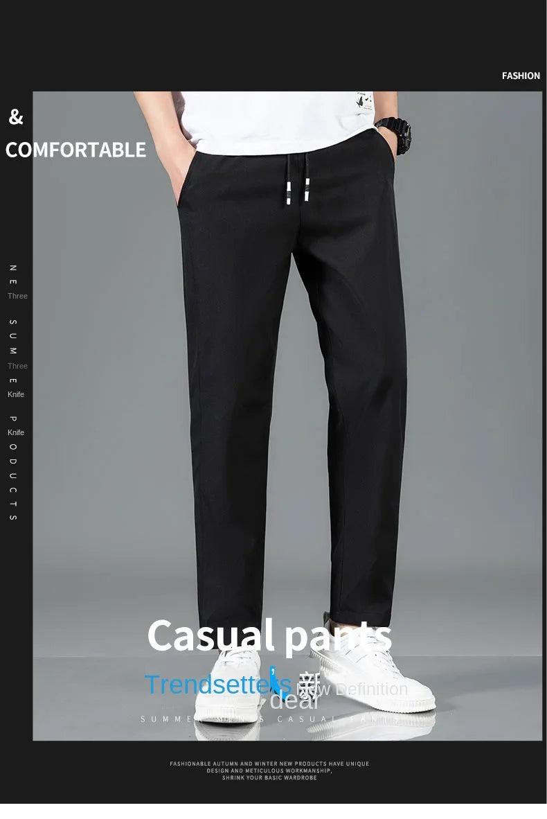 Ice Silk Men's Pants 2025 Summer New Black Gray Thin Business Casual Pants Outdoor Elastic Breathable Straight Leg Sweatpants - MANDOTOS