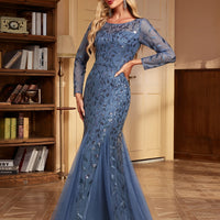 2024 Hot Sale Mermaid Evening Dresses O-Neck Full Sleeve Tulle Embroidery Long Party Gown Elegant Formal Dress