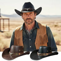 Fashion Bull Head Buckle Western Cowboy Hat Vintage Retro Faux Leather Cowboy Hat Jazz Hat For Men Women Unisex