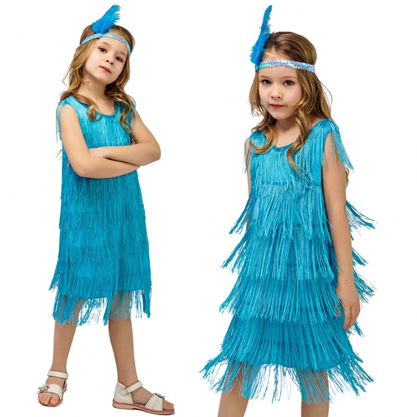 Girl Party Dress Girls Flapper Dress Carnival Sequins Fringe Latin Dance Dress Tassel Tango Dress Ballroom Costume With Feather