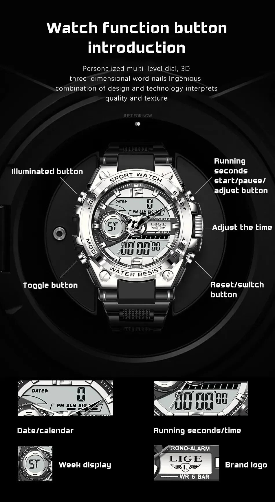 LIGE Men Military Watch Digital 50m Waterproof Wristwatch LED Quartz Clock Sport Watch Male Big Watches Men Relogios Masculino - MANDOTOS