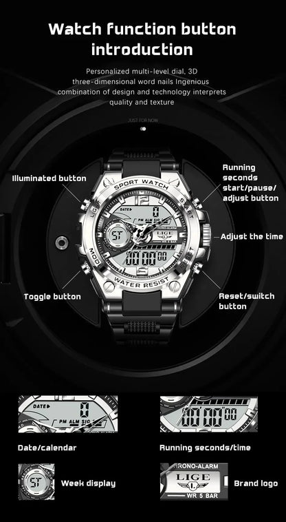 LIGE Men Military Watch Digital 50m Waterproof Wristwatch LED Quartz Clock Sport Watch Male Big Watches Men Relogios Masculino - MANDOTOS