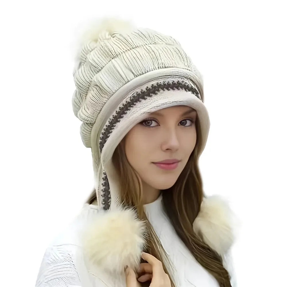 Soft Winter Warm Fur Hat Fleece Lined Earflap Hat For Women Knitted Beanie Casual Slouchy Thick Thermal Cap For Cold Weather