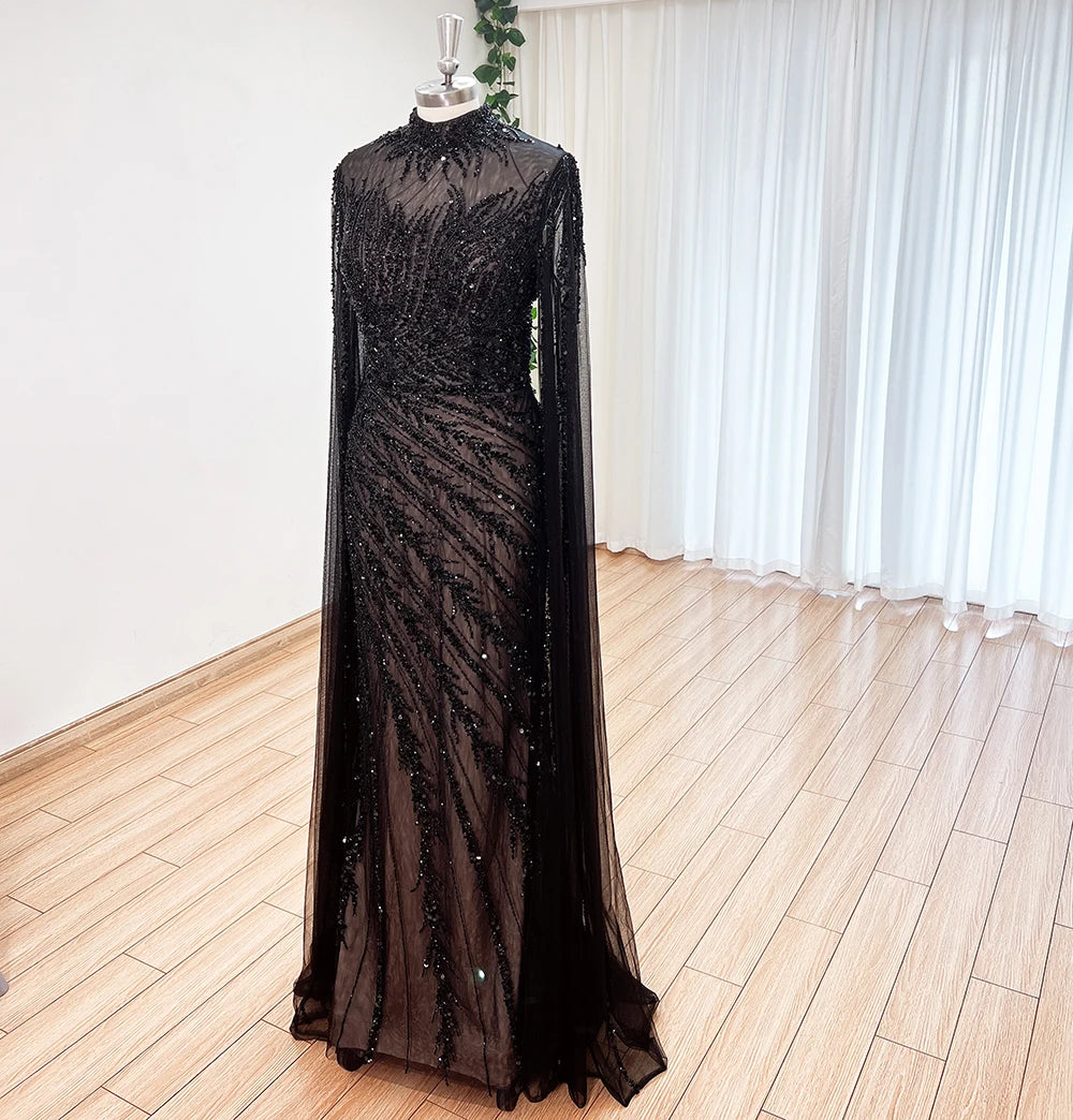 Eshaut&bridal Luxury Beaded Evening Dress Cape Sleeve Dubai Sheer Neck Mermaid Formal Prom Wedding Party Gown Customized 2026