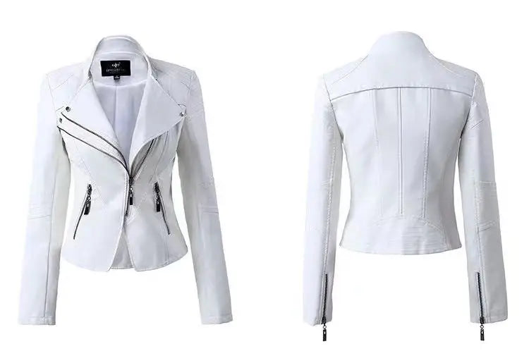 Women's Leather Jacket European and American Fashion Motorcycle Slim Short Leather Jacket Zipper