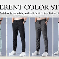 Men Fast Dry Stretch Pants Ice Silk Trousers Solid Color Mid-Waist Loose Breathable Straight-Leg Casual Pants Thin Sports Pants