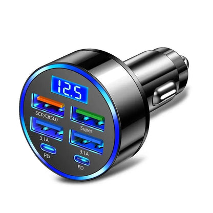 66-250W PD Car Charger QC3.0 Fast Charge with Digital Display 4USB and 2PD Ports for Car Cigarette Lighter Plug - MANDOTOS